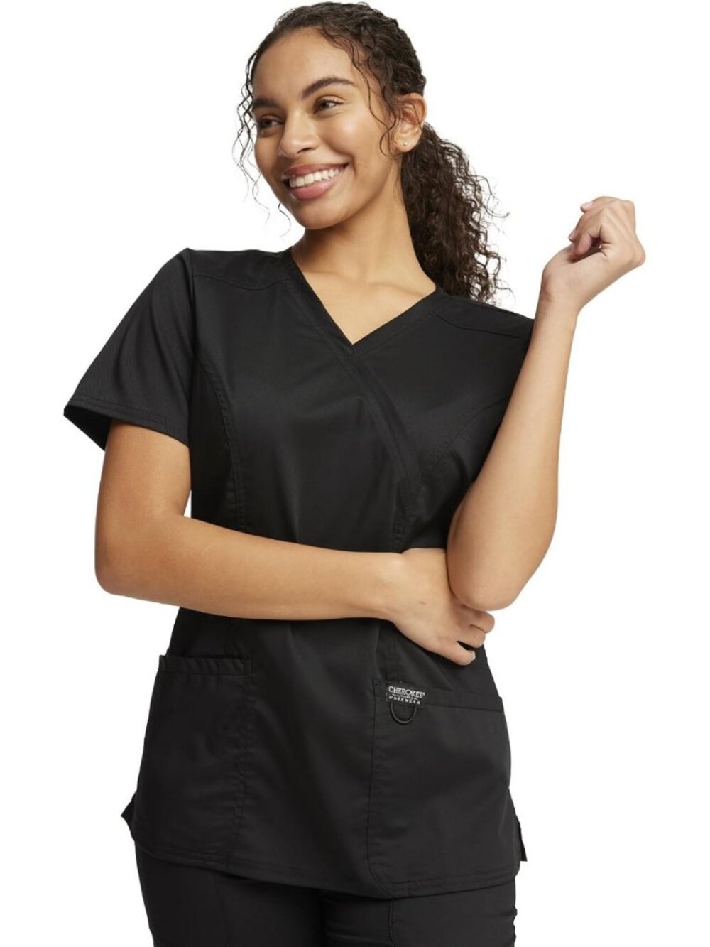 Women's Mock Wrap Scrubs Top with 3 Pockets, Soft 2-Way Stretch, Durable Fabric